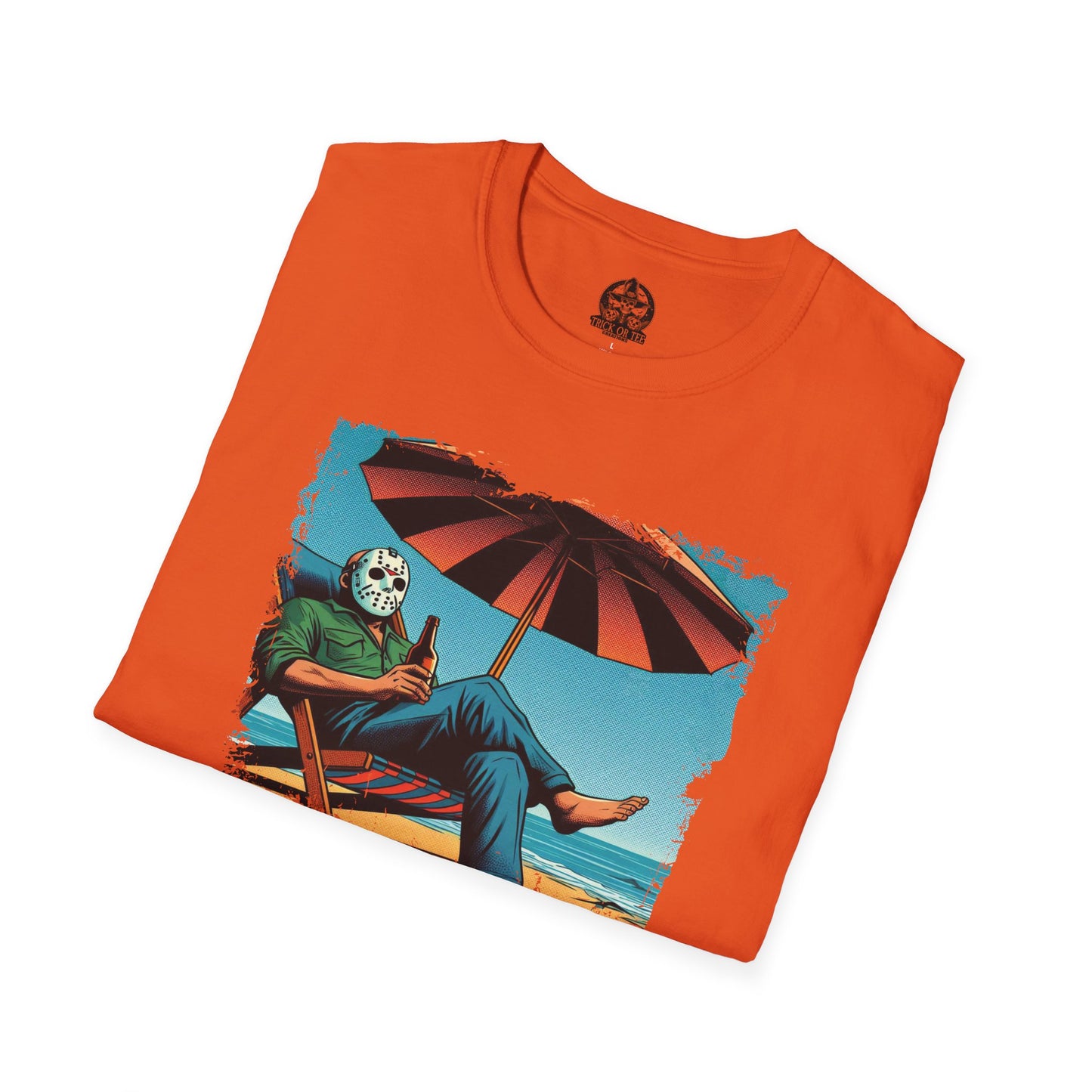 Resting Beach Face T-Shirt Jason Voorhees Drinking Beer on the Beach | Funny Horror Parody Shirt | Friday the 13th Beach Tee