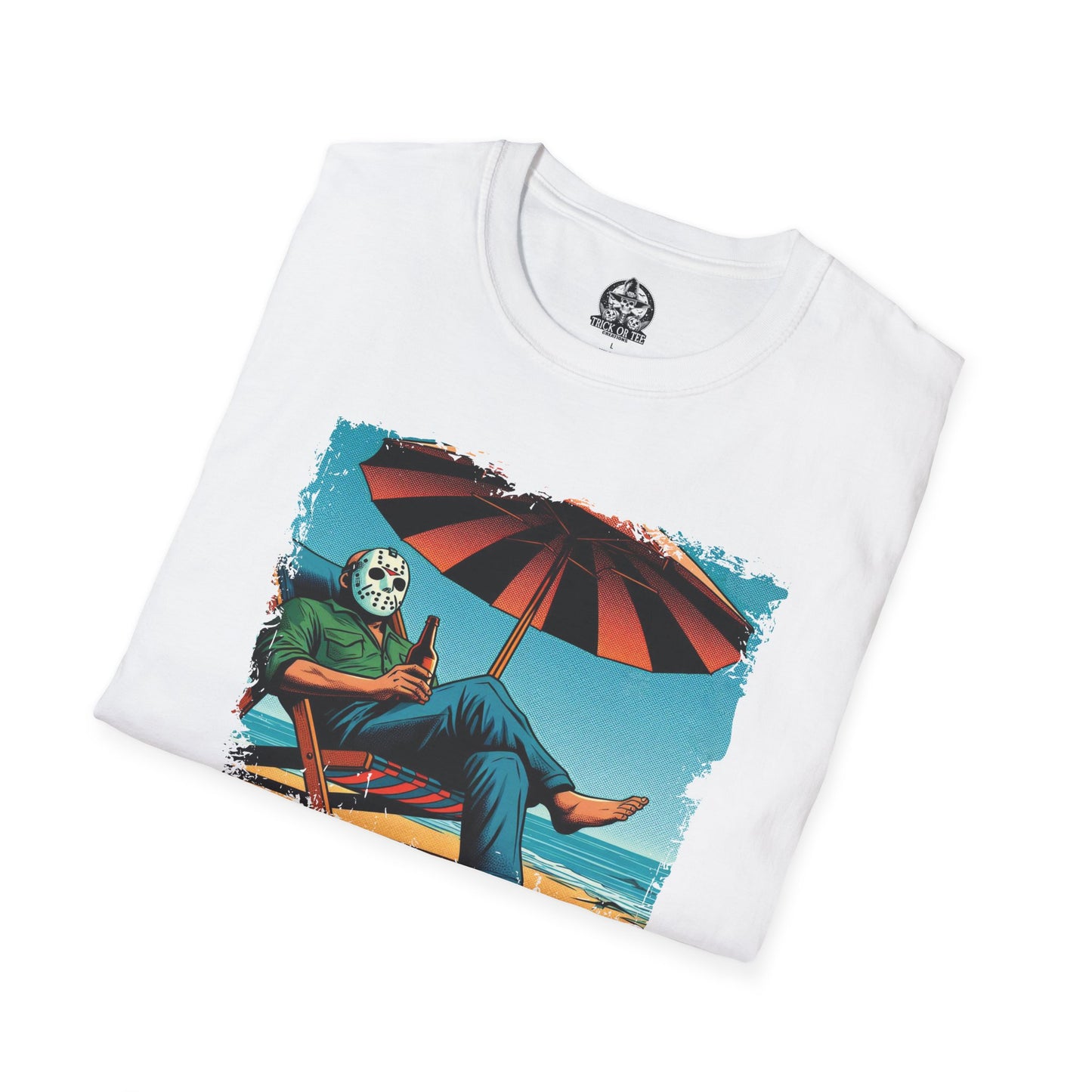 Resting Beach Face T-Shirt Jason Voorhees Drinking Beer on the Beach | Funny Horror Parody Shirt | Friday the 13th Beach Tee