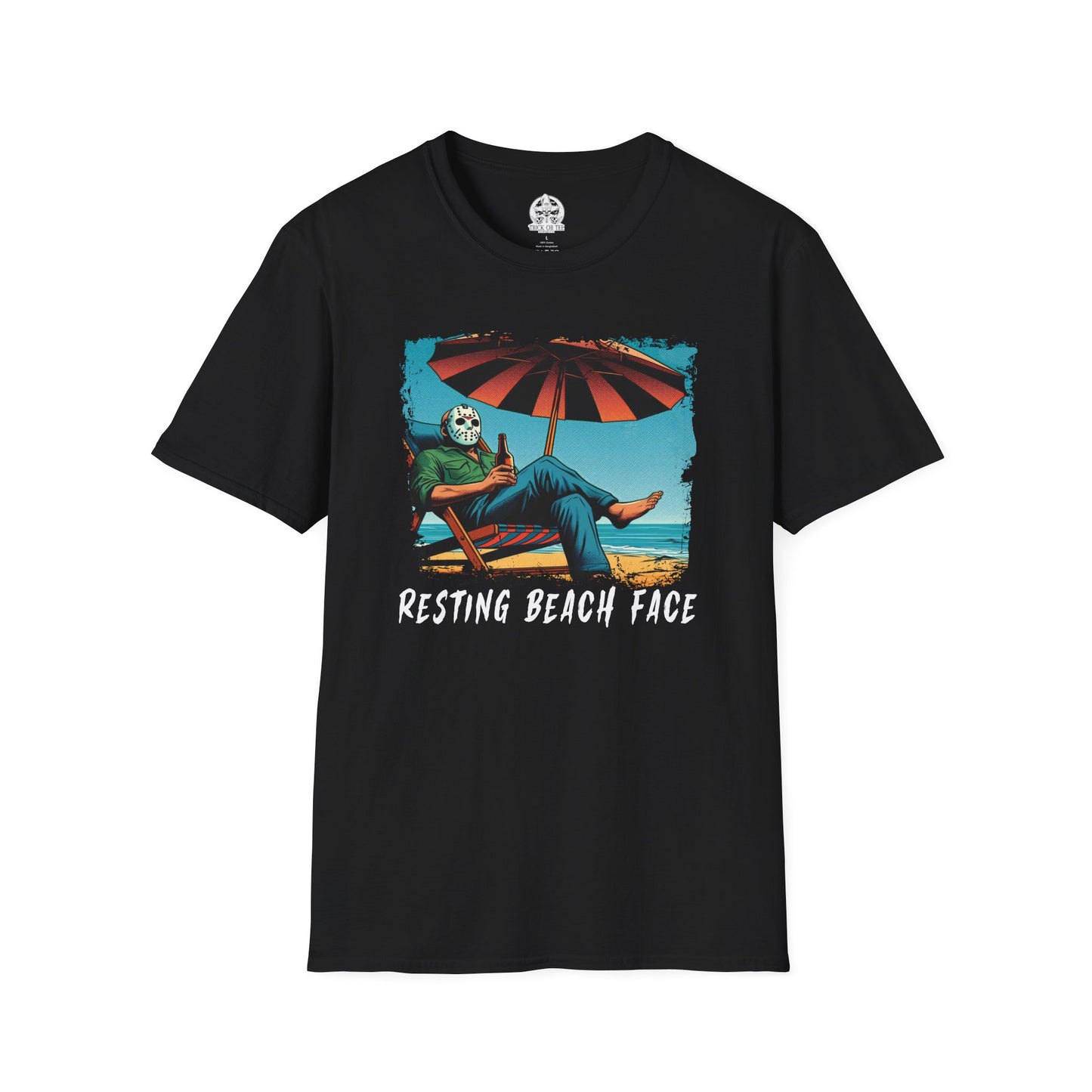 Resting Beach Face T-Shirt Jason Voorhees Drinking Beer on the Beach | Funny Horror Parody Shirt | Friday the 13th Beach Tee
