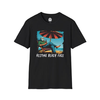 Resting Beach Face T-Shirt Jason Voorhees Drinking Beer on the Beach | Funny Horror Parody Shirt | Friday the 13th Beach Tee