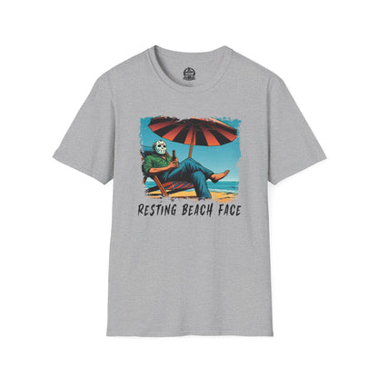 Resting Beach Face T-Shirt Jason Voorhees Drinking Beer on the Beach | Funny Horror Parody Shirt | Friday the 13th Beach Tee
