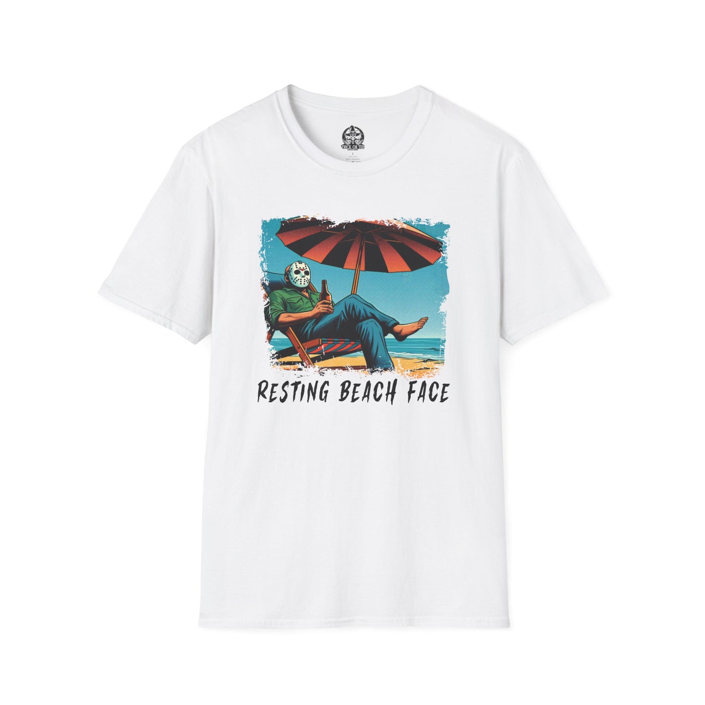 Resting Beach Face T-Shirt Jason Voorhees Drinking Beer on the Beach | Funny Horror Parody Shirt | Friday the 13th Beach Tee