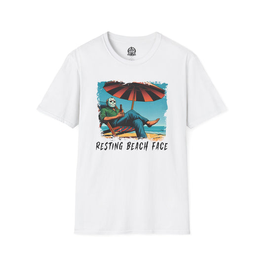 Resting Beach Face T-Shirt Jason Voorhees Drinking Beer on the Beach | Funny Horror Parody Shirt | Friday the 13th Beach Tee