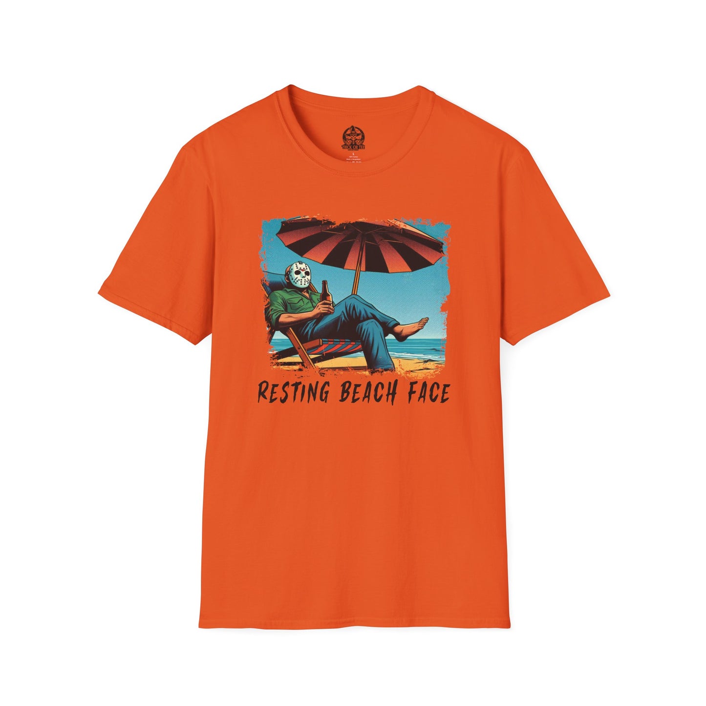 Resting Beach Face T-Shirt Jason Voorhees Drinking Beer on the Beach | Funny Horror Parody Shirt | Friday the 13th Beach Tee