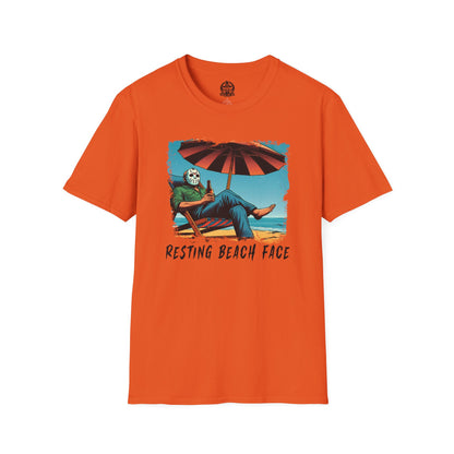 Resting Beach Face T-Shirt Jason Voorhees Drinking Beer on the Beach | Funny Horror Parody Shirt | Friday the 13th Beach Tee