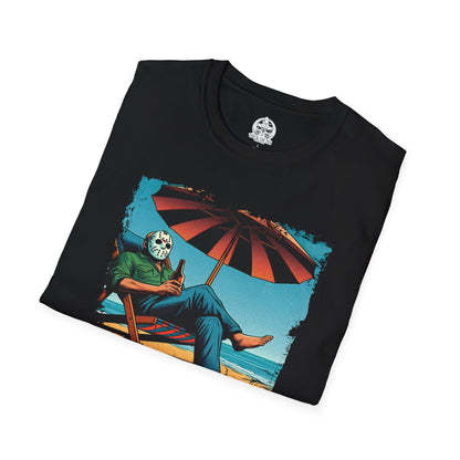 Resting Beach Face T-Shirt Jason Voorhees Drinking Beer on the Beach | Funny Horror Parody Shirt | Friday the 13th Beach Tee