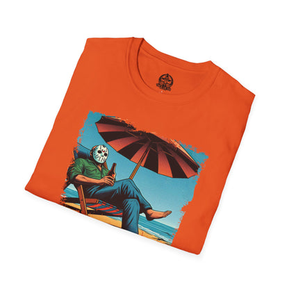Resting Beach Face T-Shirt Jason Voorhees Drinking Beer on the Beach | Funny Horror Parody Shirt | Friday the 13th Beach Tee