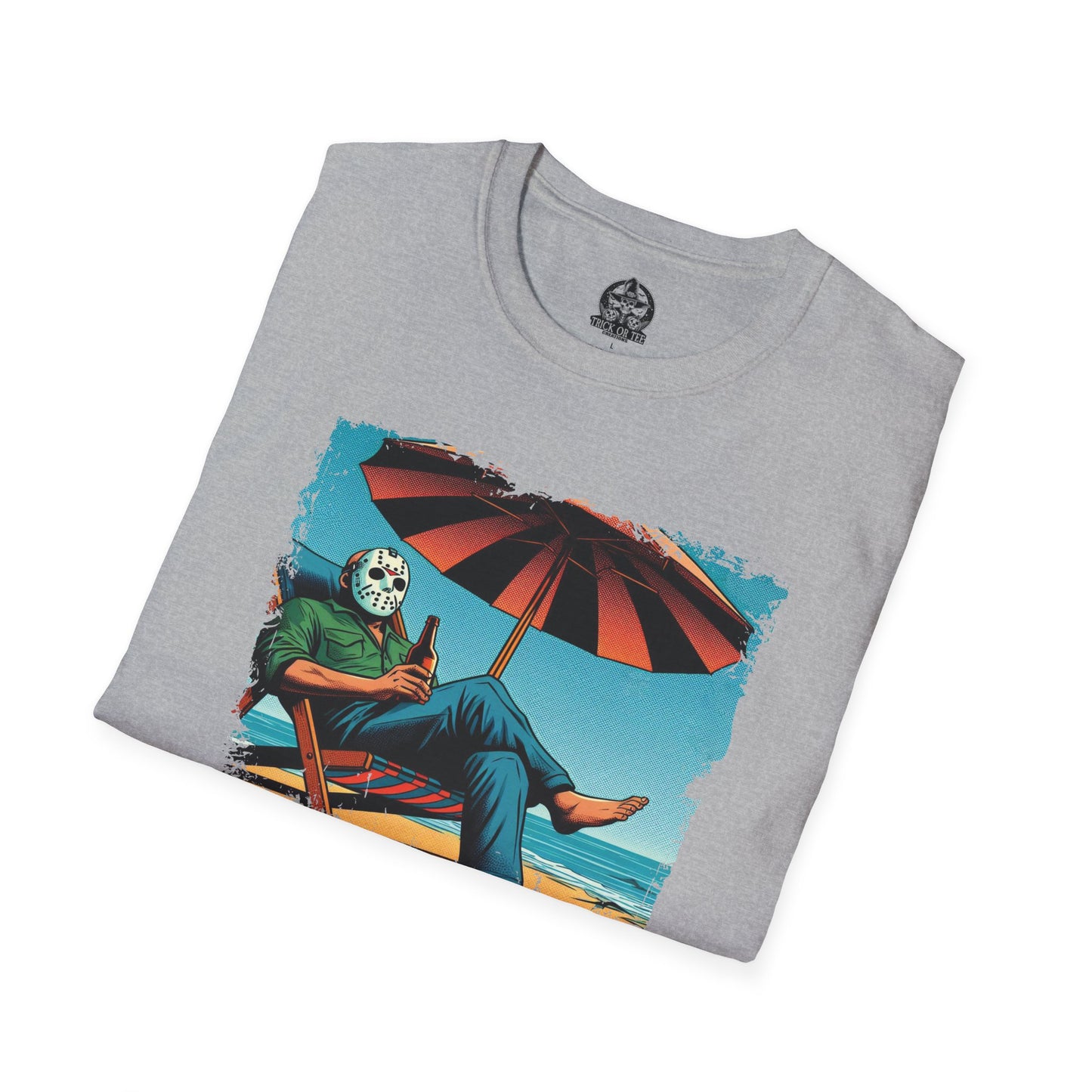 Resting Beach Face T-Shirt Jason Voorhees Drinking Beer on the Beach | Funny Horror Parody Shirt | Friday the 13th Beach Tee
